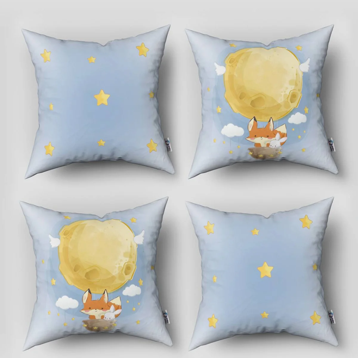 Uzay, Hayvanlar 4lü Kırlent | Mavi yıldız, bulut Desenli