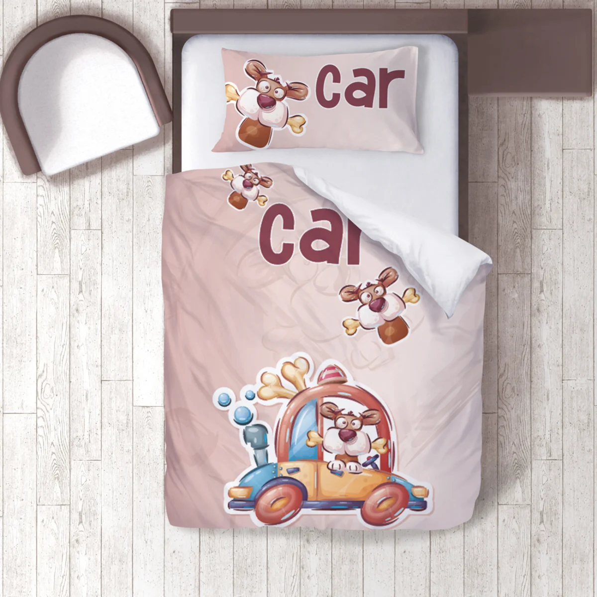 Köpek ve Araba Nevresim Takımı | Bej Kemik, yazı ve soyut desenler Desenli