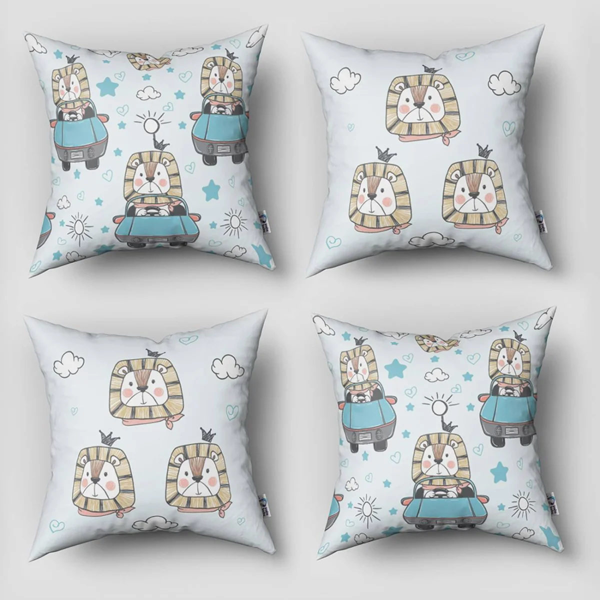 Aslan ve Araba 4lü Kırlent | Mavi bulut, güneş Desenli