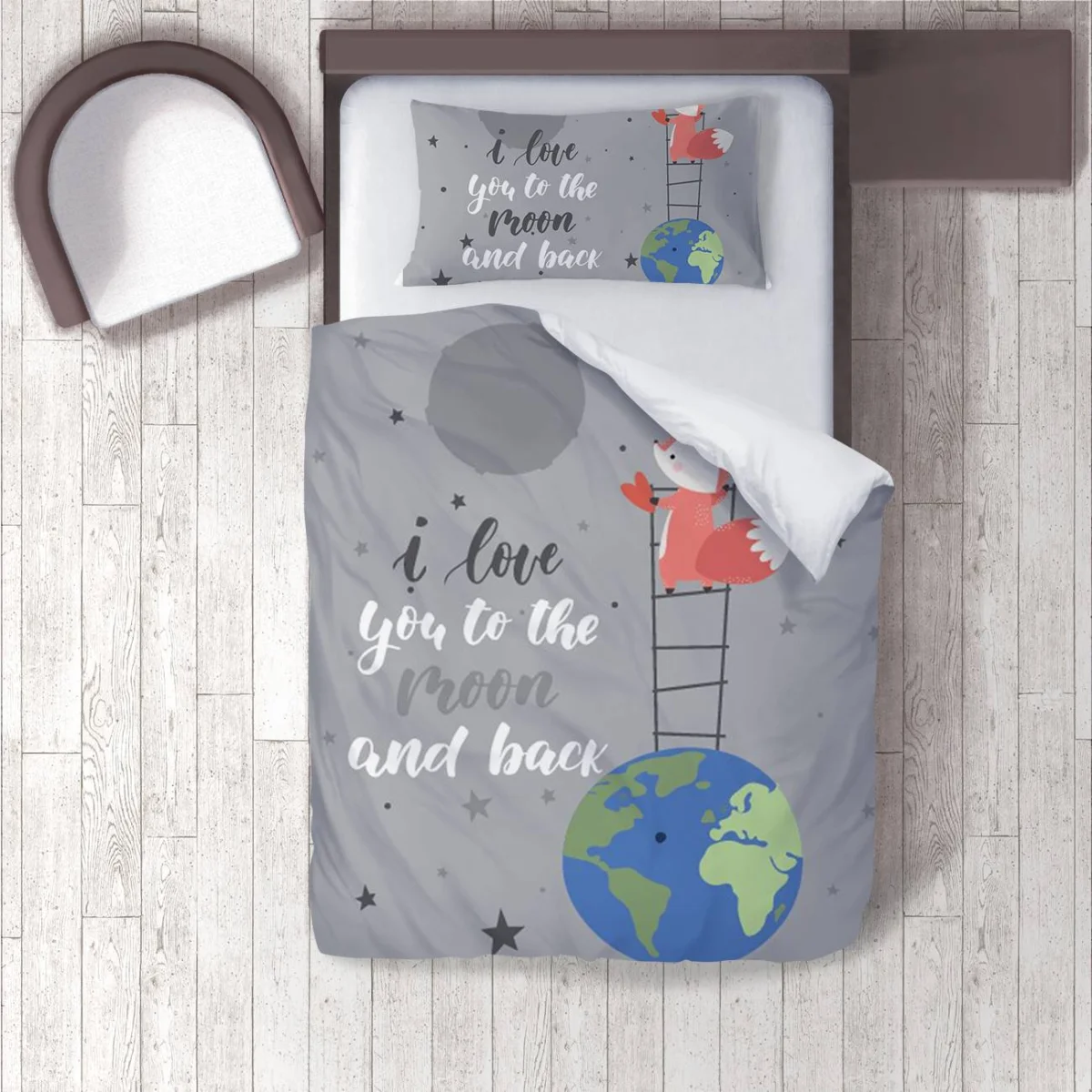 Uzay, Tilki Nevresim Takımı | Gri Yıldızlar, dünya Desenli