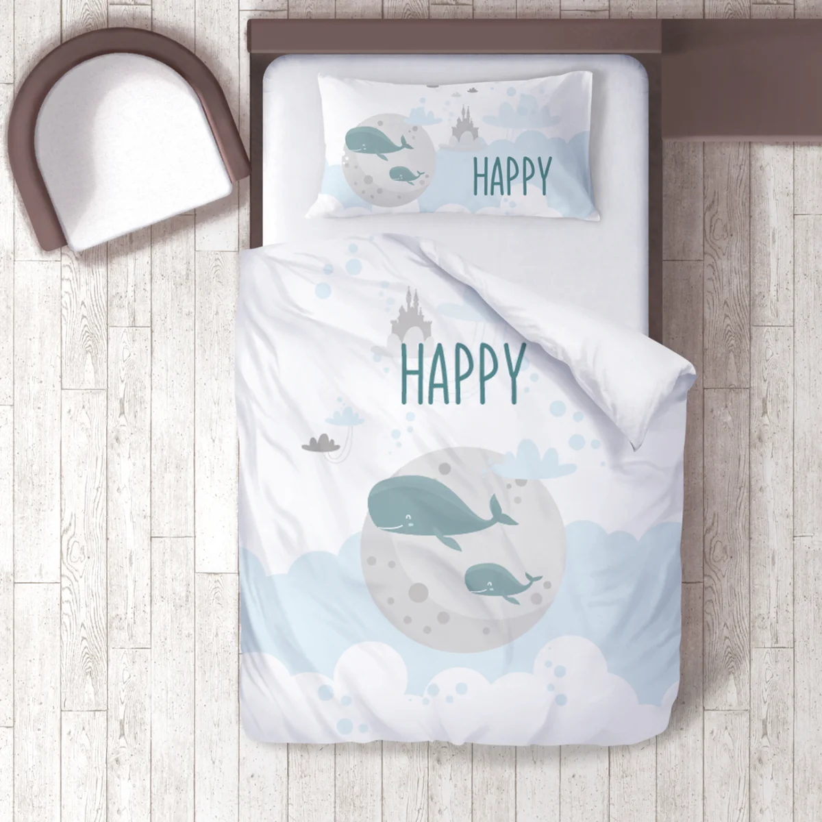 Balina Nevresim Takımı | Beyaz Bulut, ay Desenli