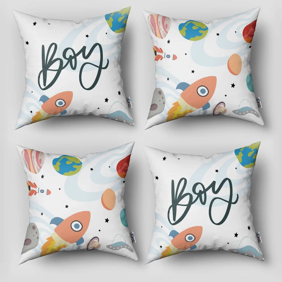 Uzay 4lü Kırlent | Beyaz roketler, gezegenler Desenli