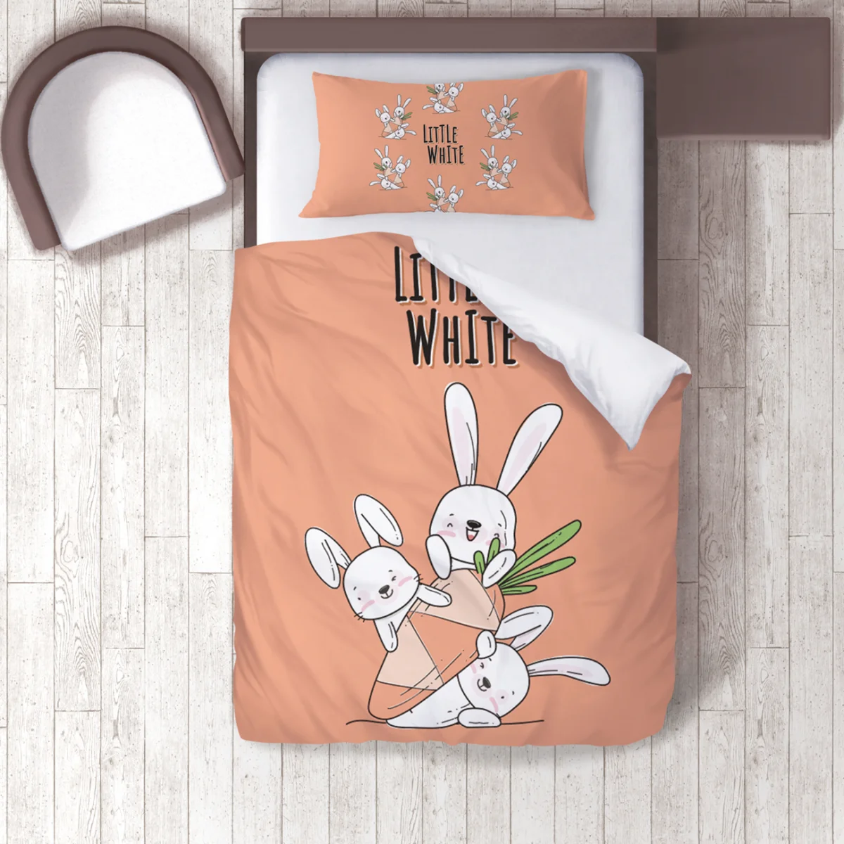 Tavşanlar Nevresim Takımı | Somon Sevimli beyaz tavşanlar, havuçlar Desenli