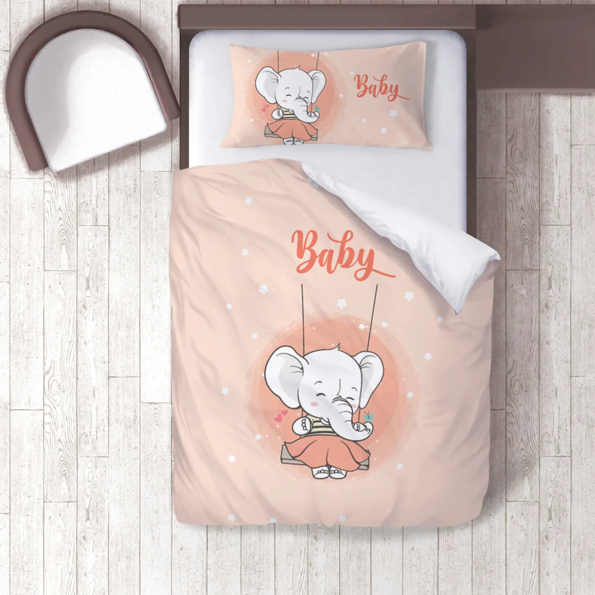 Fil Nevresim Takımı | Pembe Çiçekler, kalpler Desenli