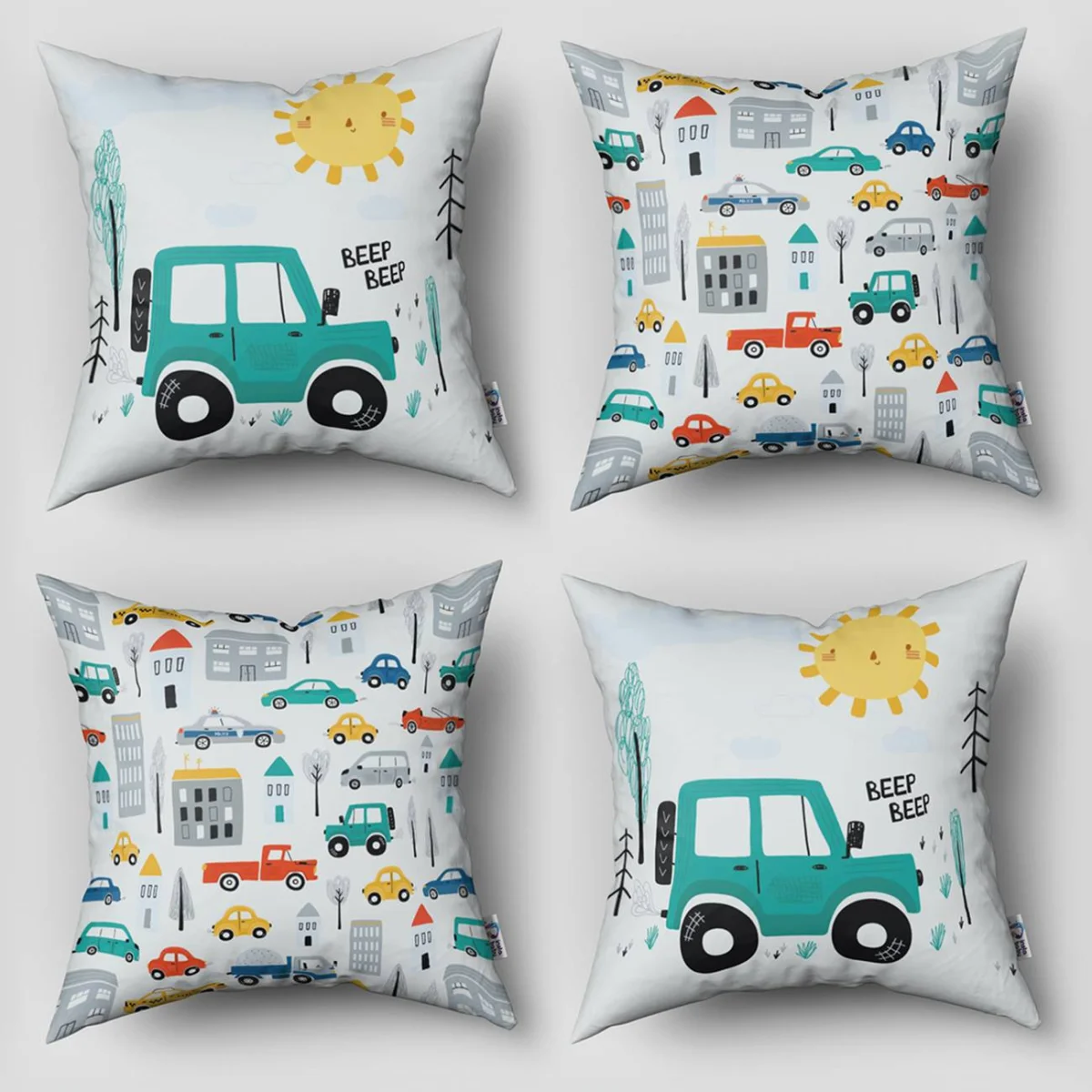 Araç 4lü Kırlent | Beyaz güneş, ağaçlar Desenli