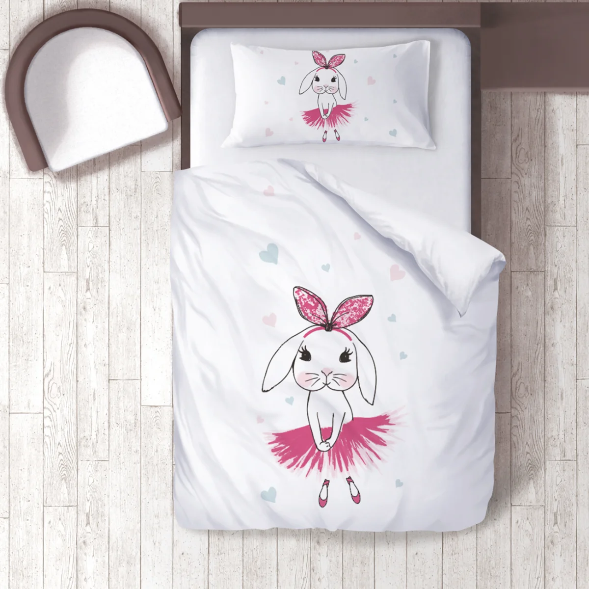 Balerin Tavşan Nevresim Takımı | Beyaz Pembe ve mavi kalpler Desenli