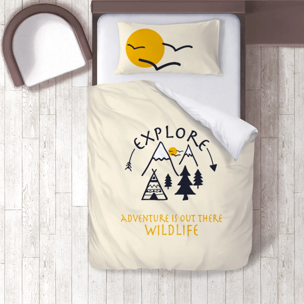 Doğa ve Macera Nevresim Takımı | Krem Dağlar, güneş Desenli