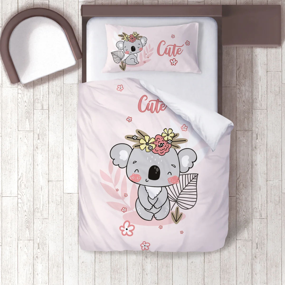 Koala Nevresim Takımı | Pembe çiçekler, yapraklar Desenli