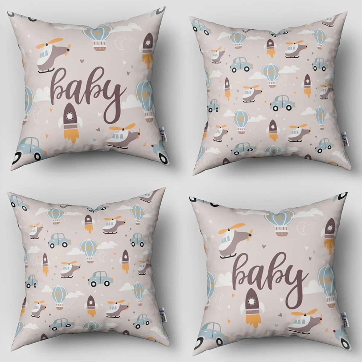 Ulaşım Araçları 4lü Kırlent | Bej roket, helikopter Desenli