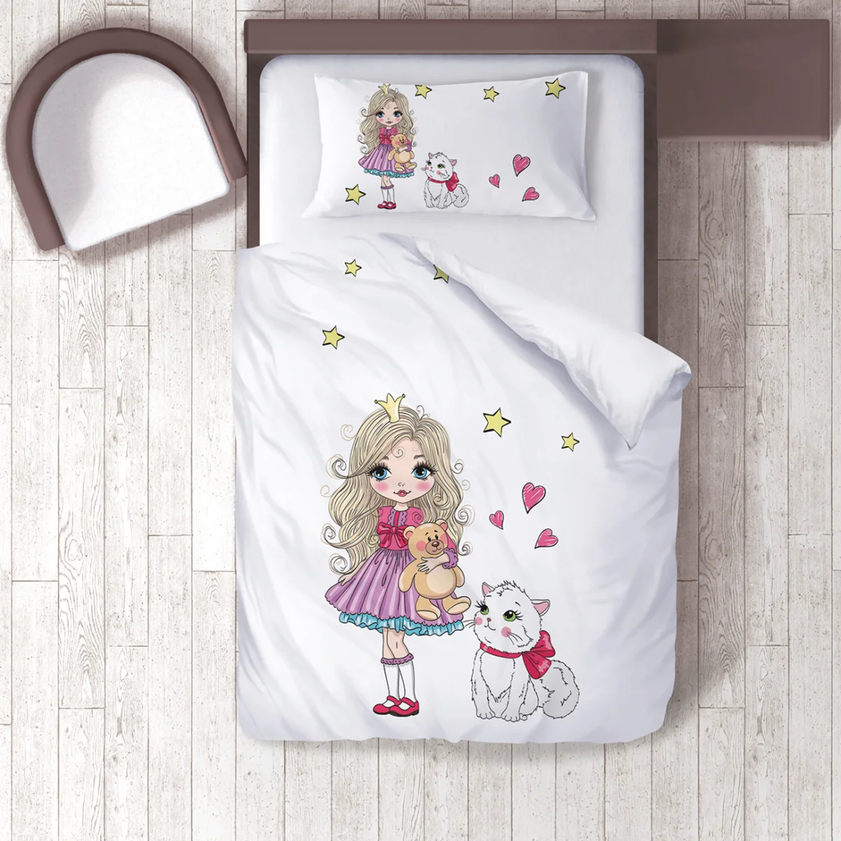 Prenses Nevresim Takımı | Beyaz yıldızlar, kalpler Desenli