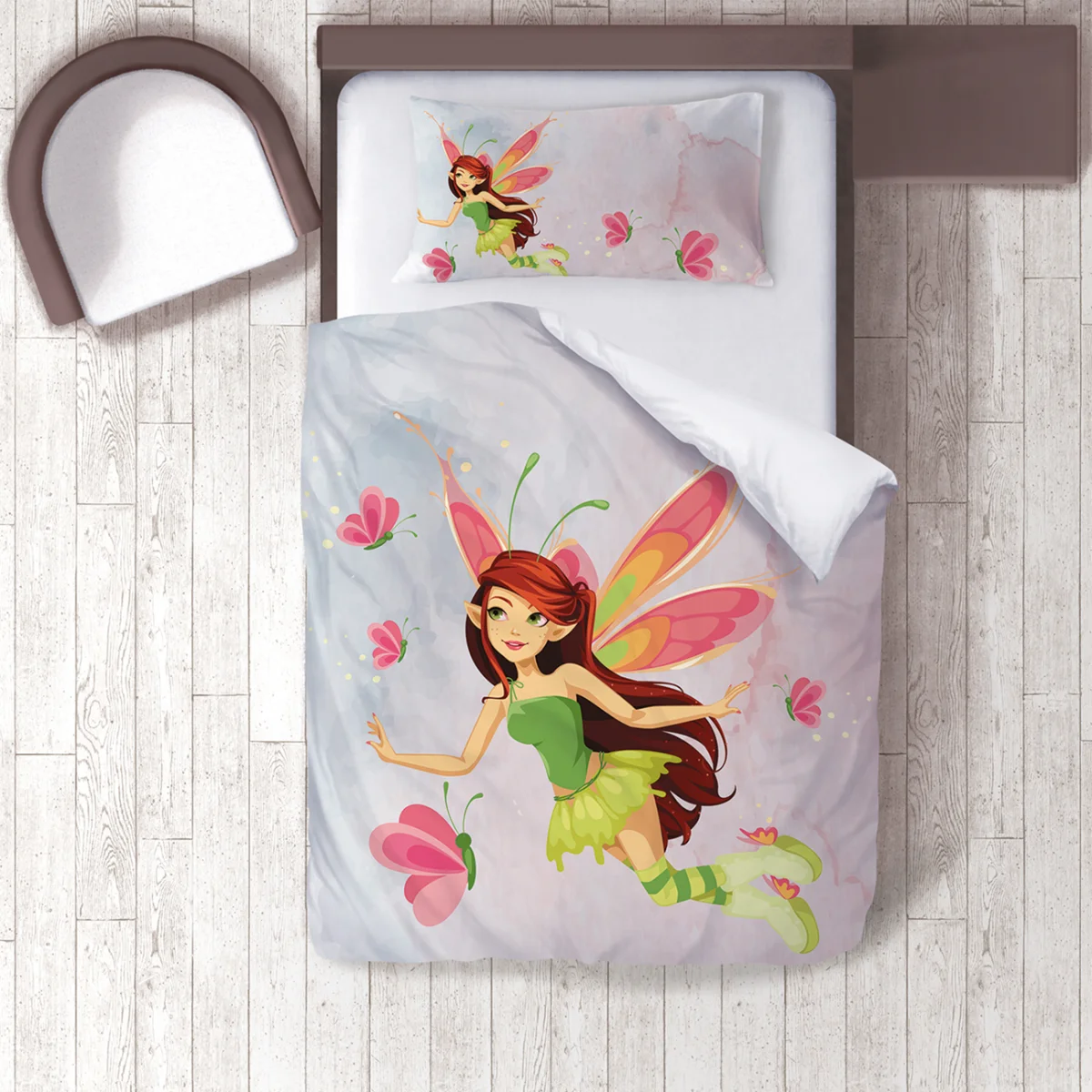 Peri Nevresim Takımı | Açık Gri Kelebekler, suluboya efektli Desenli