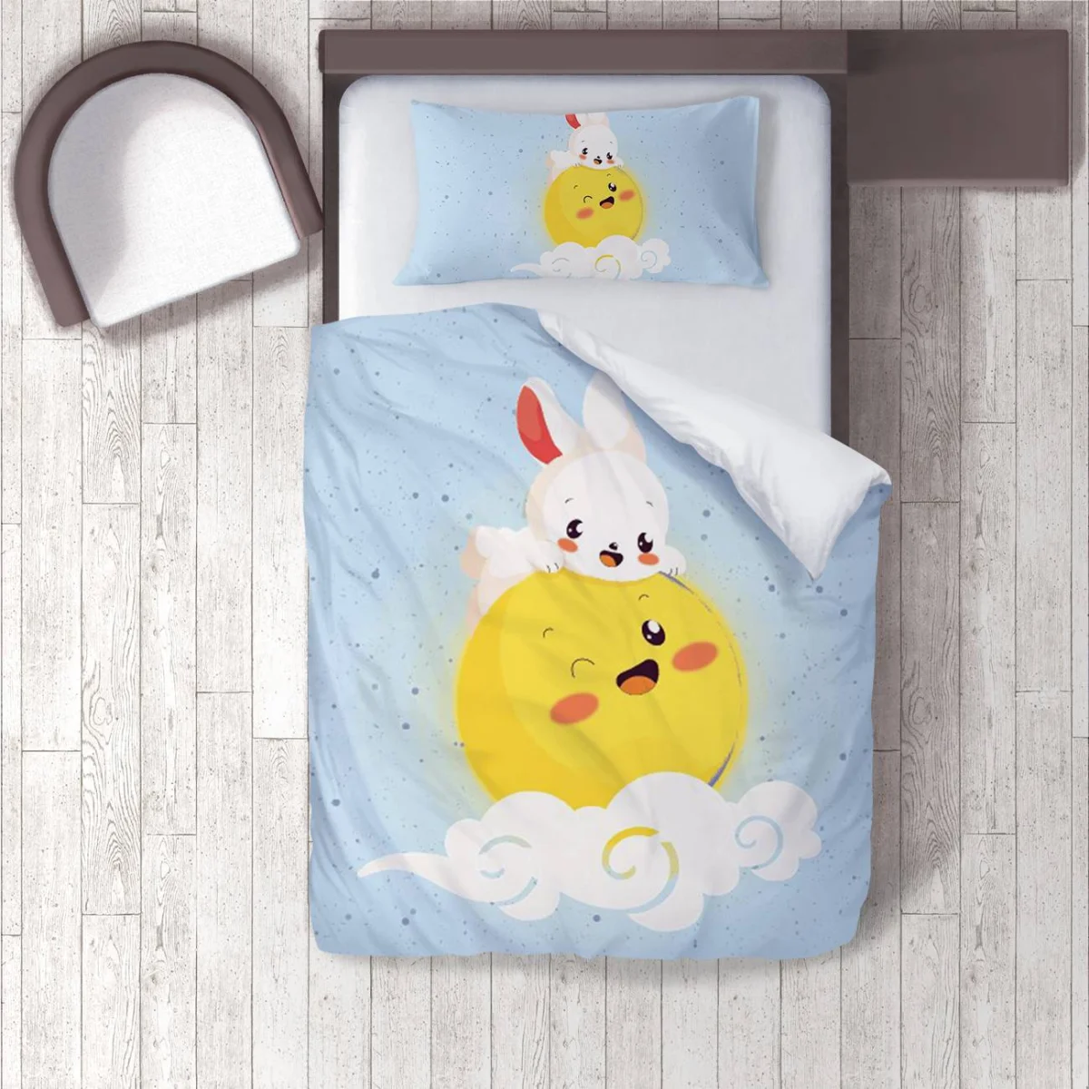 Ayda Tavşan Nevresim Takımı | Mavi yıldız, bulut Desenli