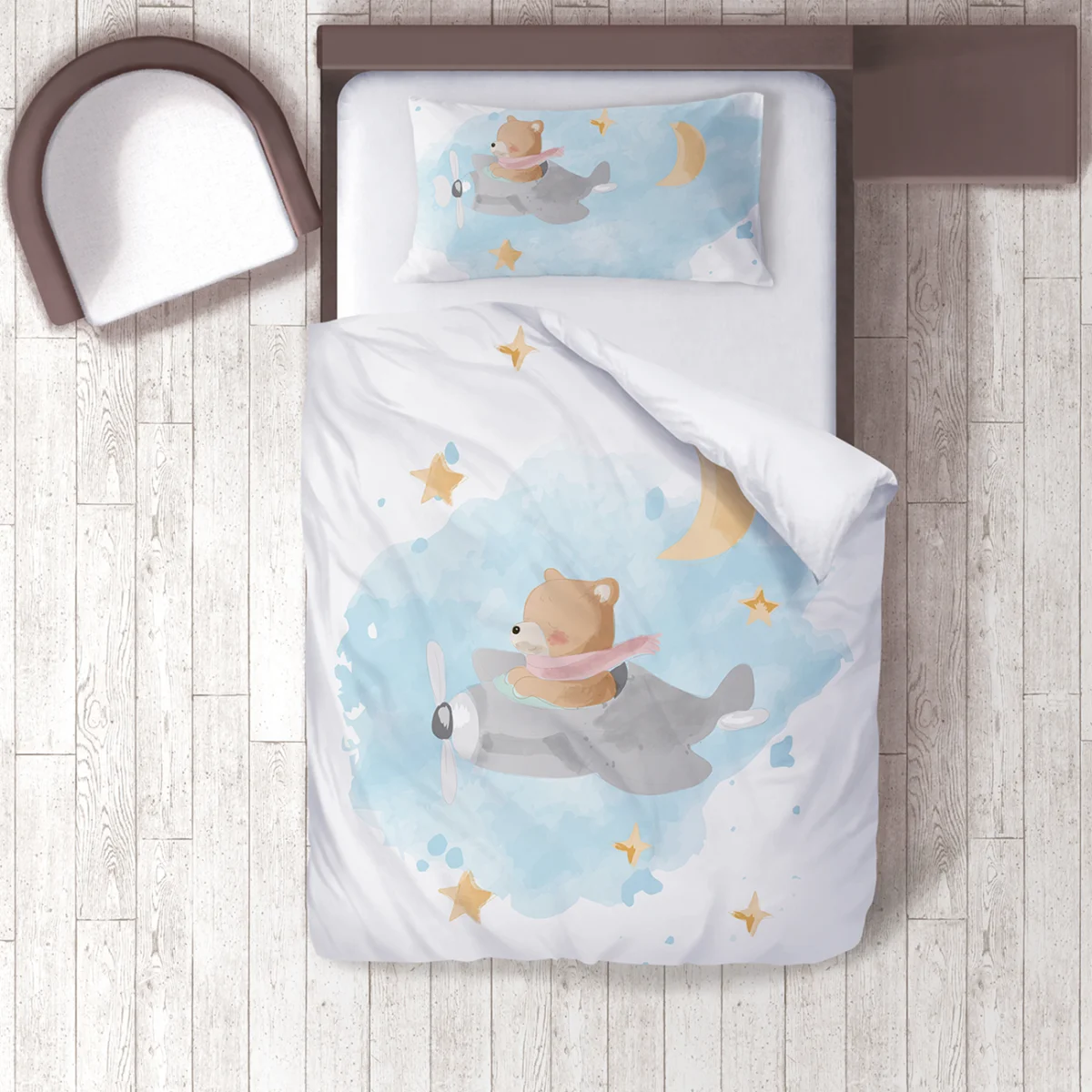 Ayı, uçak Nevresim Takımı | Mavi yıldız, ay Desenli