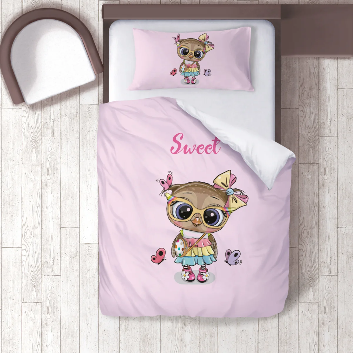 Sevimli Baykuş Nevresim Takımı | Pembe kelebekler, Sweet yazısı Desenli