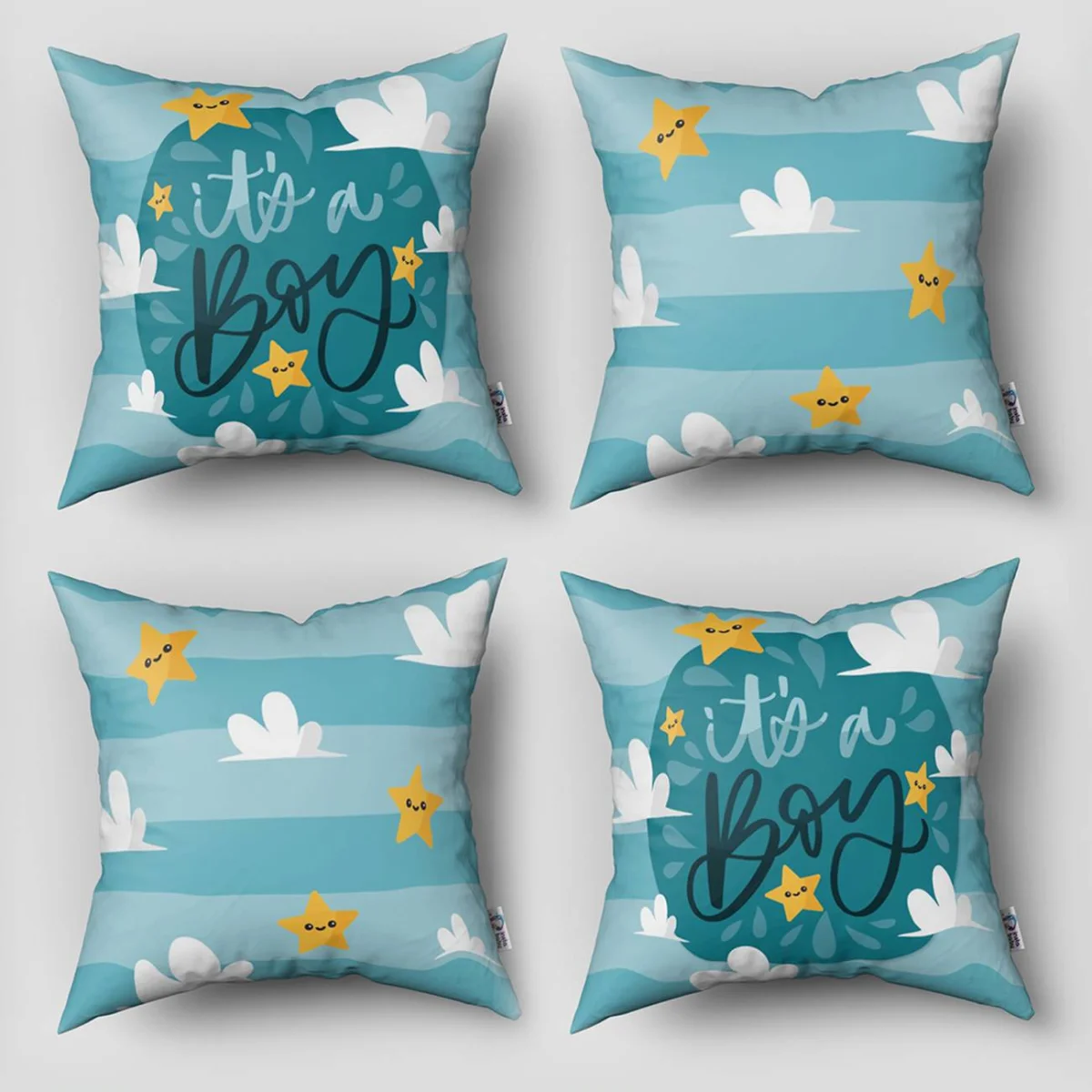 Yıldızlar ve Bulutlar 4lü Kırlent | Mavi Yıldız, bulut Desenli