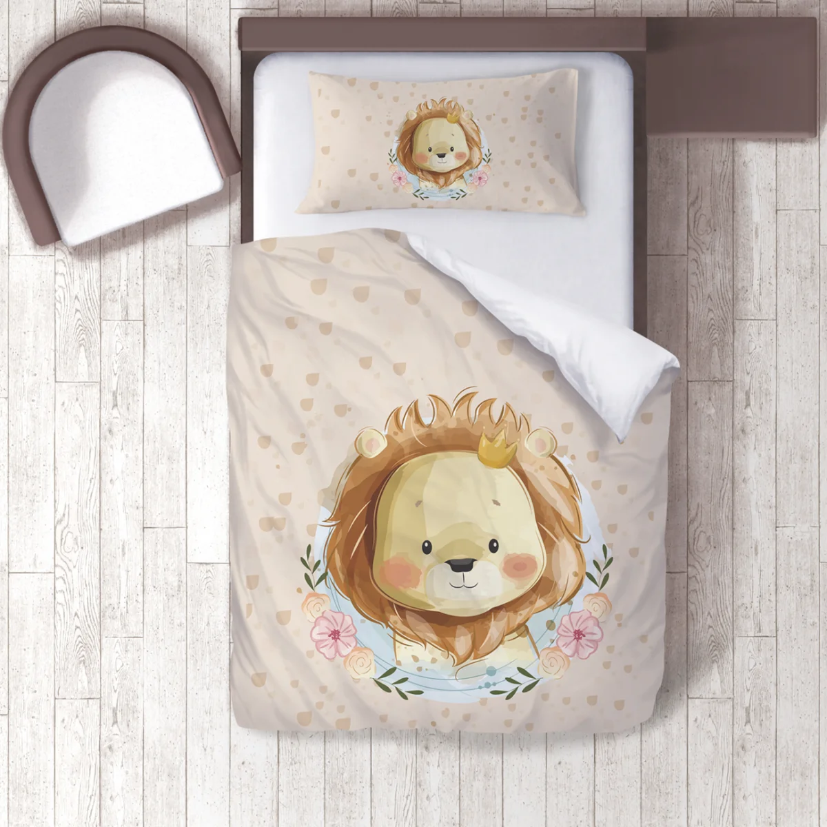 Orman Hayvanları Nevresim Takımı | Bej kalpler, çiçekler Desenli