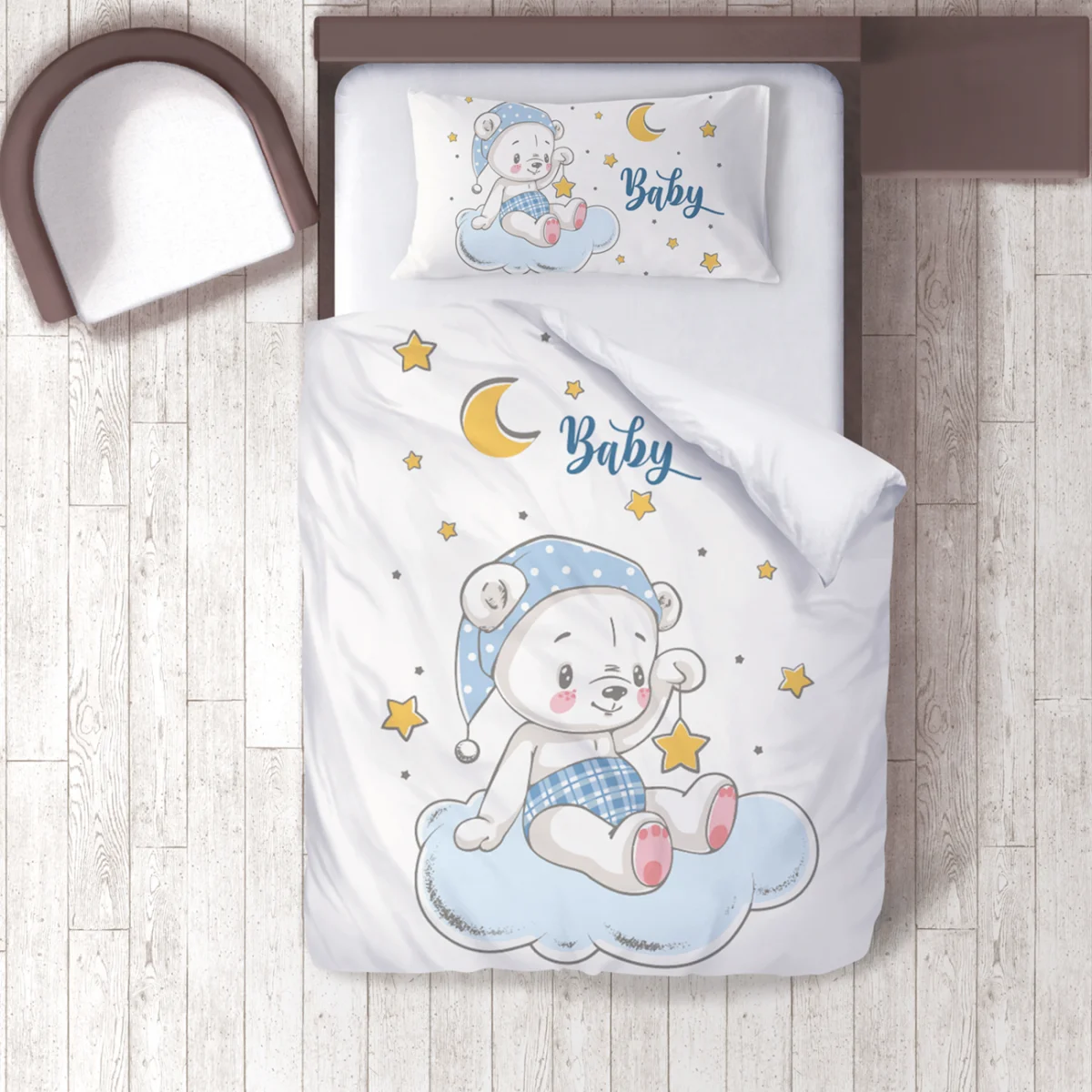 Ayı Nevresim Takımı | Beyaz yıldızlar, bulut Desenli