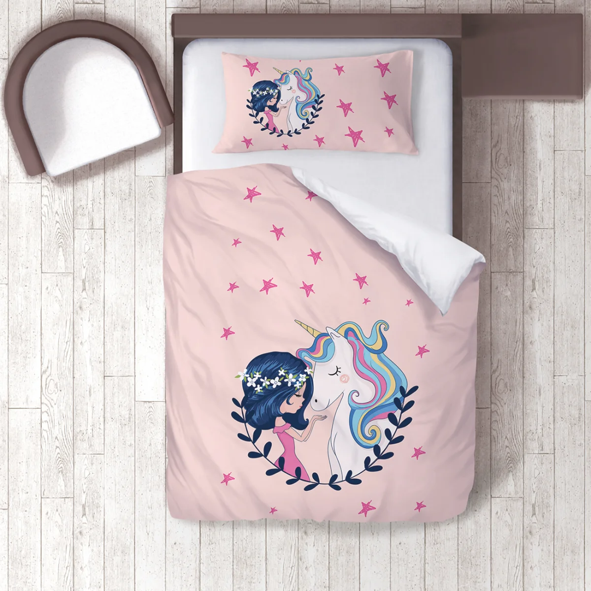 Unicorn Nevresim Takımı | Pembe yıldız, çiçekler Desenli