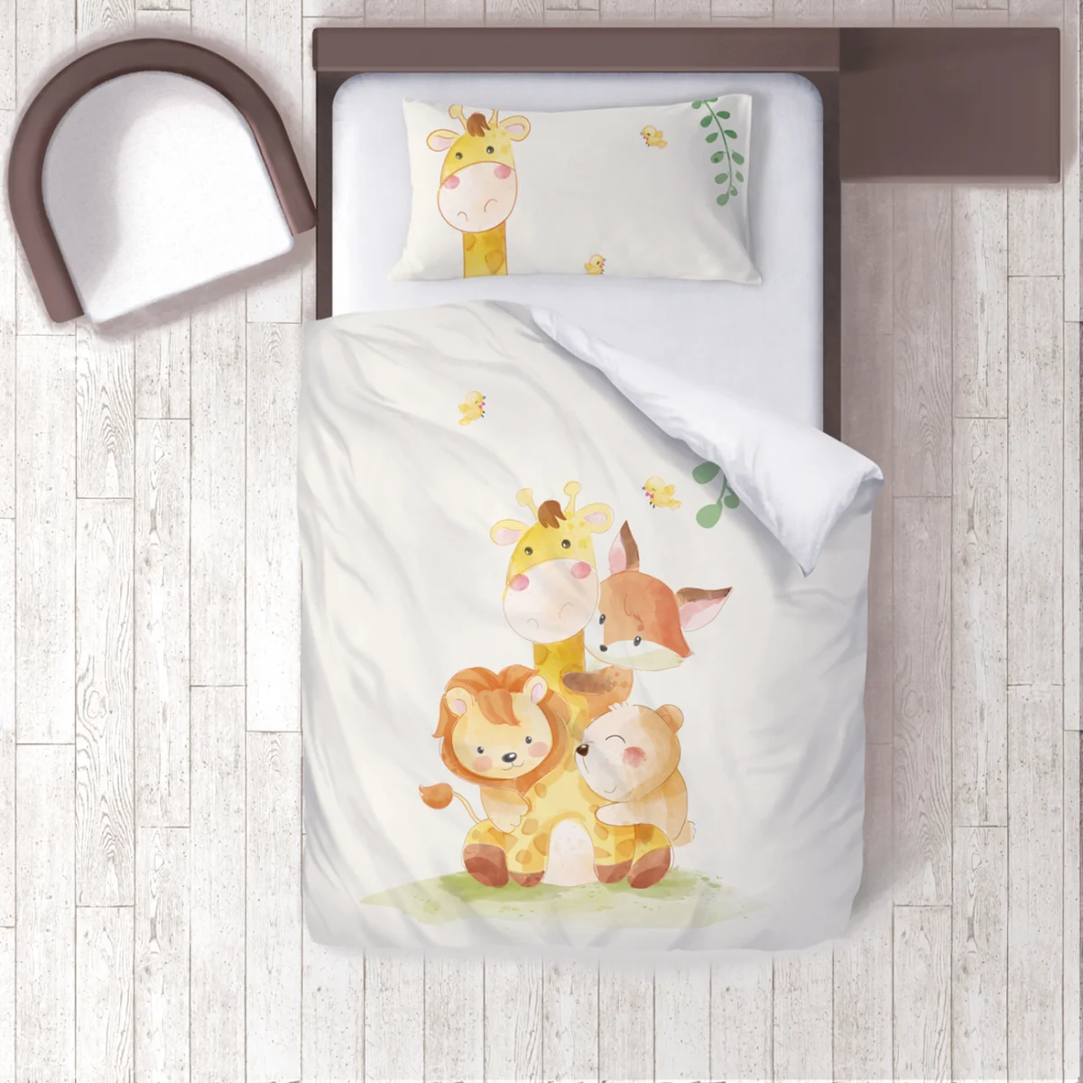 Orman Hayvanları Nevresim Takımı | Beyaz küçük kuşlar, yapraklar Desenli