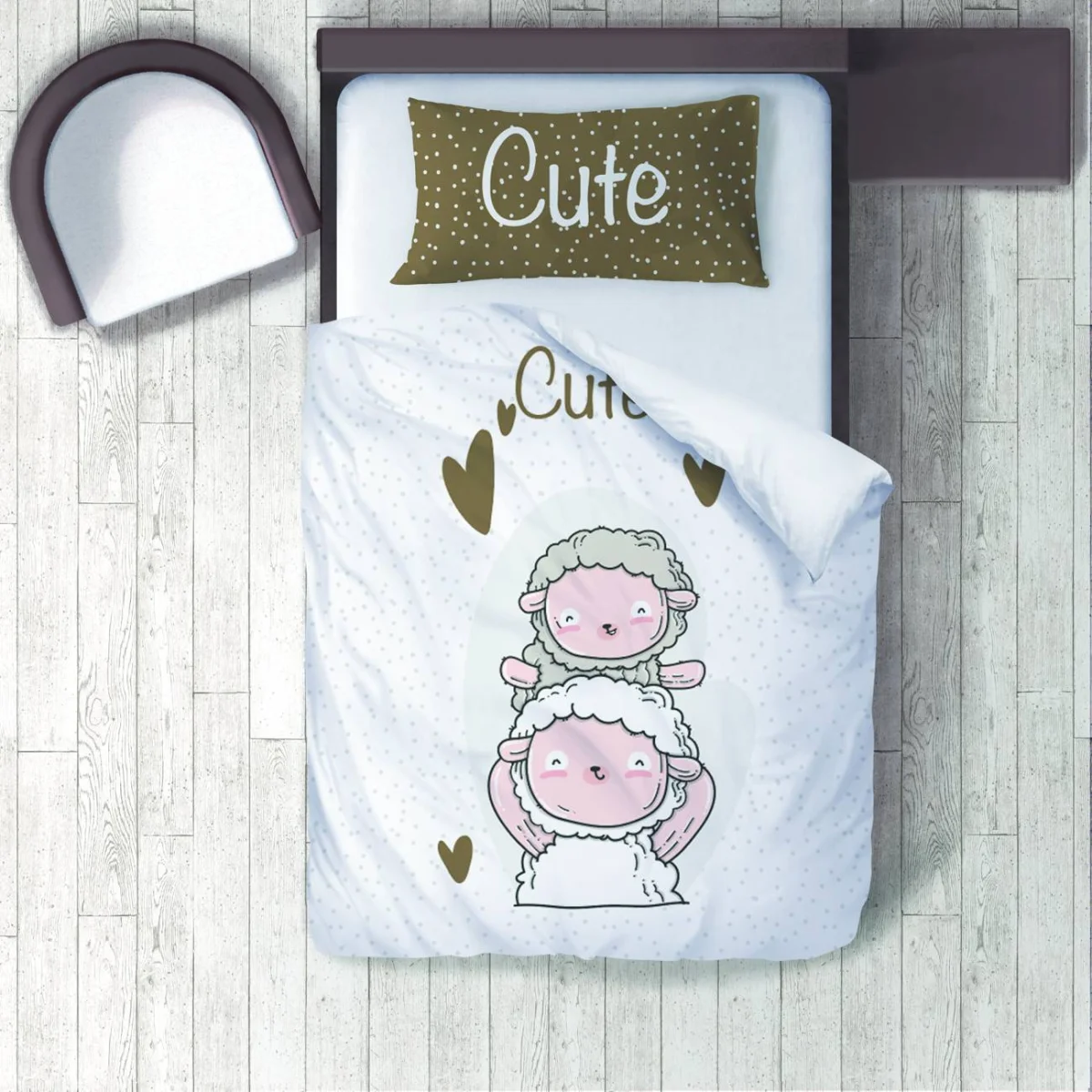 Koyunlar Nevresim Takımı | Beyaz puantiye, kalp Desenli