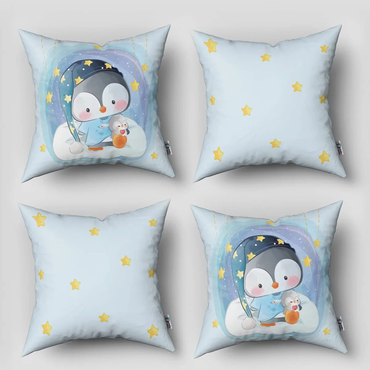 Penguen 4lü Kırlent | Mavi yıldızlar, bulutlar Desenli
