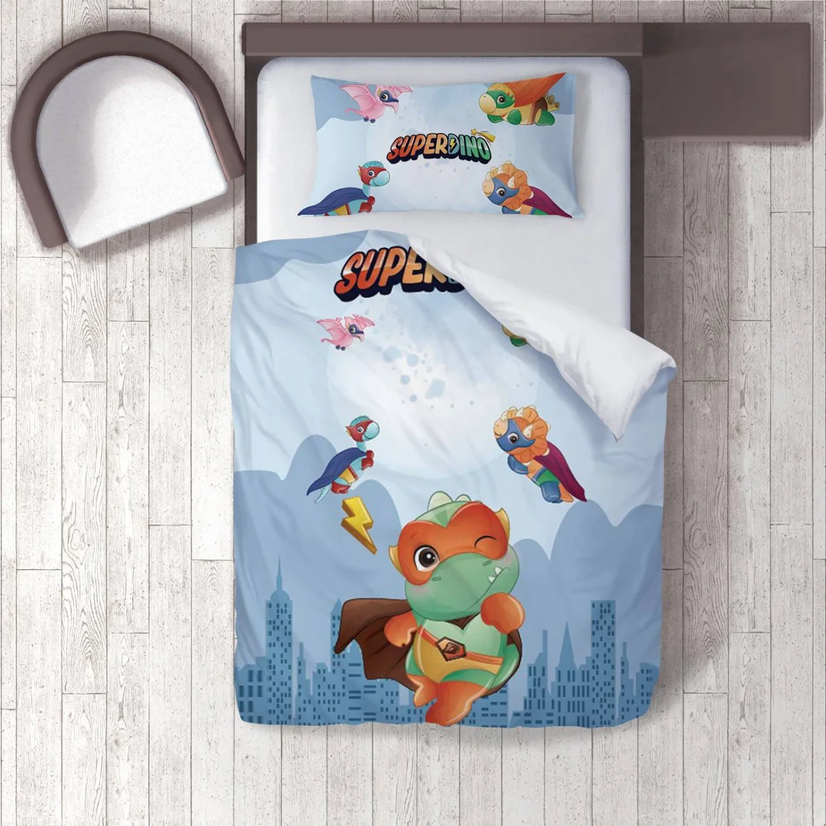 Süper Kahraman Dinozorlar Nevresim Takımı | Mavi şehir silüetleri, ay Desenli