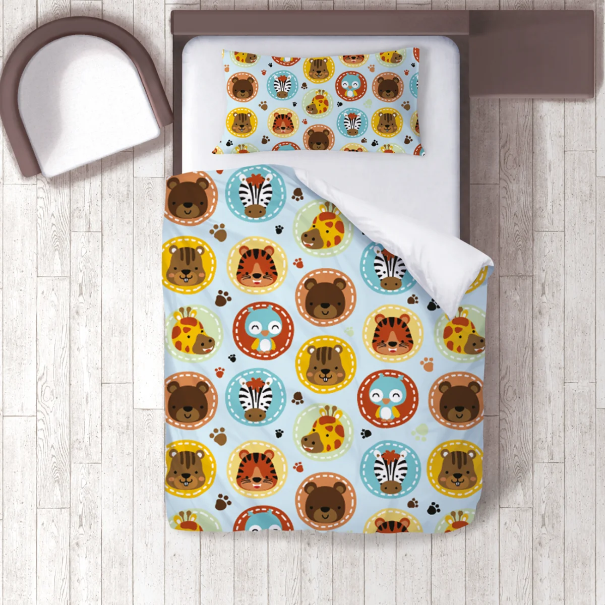 Orman Hayvanları Nevresim Takımı | Mavi pençe izleri, renkli daireler Desenli