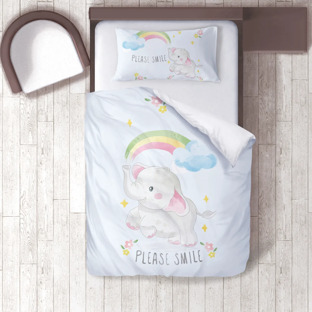 Fil Nevresim Takımı | Açık Mavi gökkuşağı, bulutlar Desenli