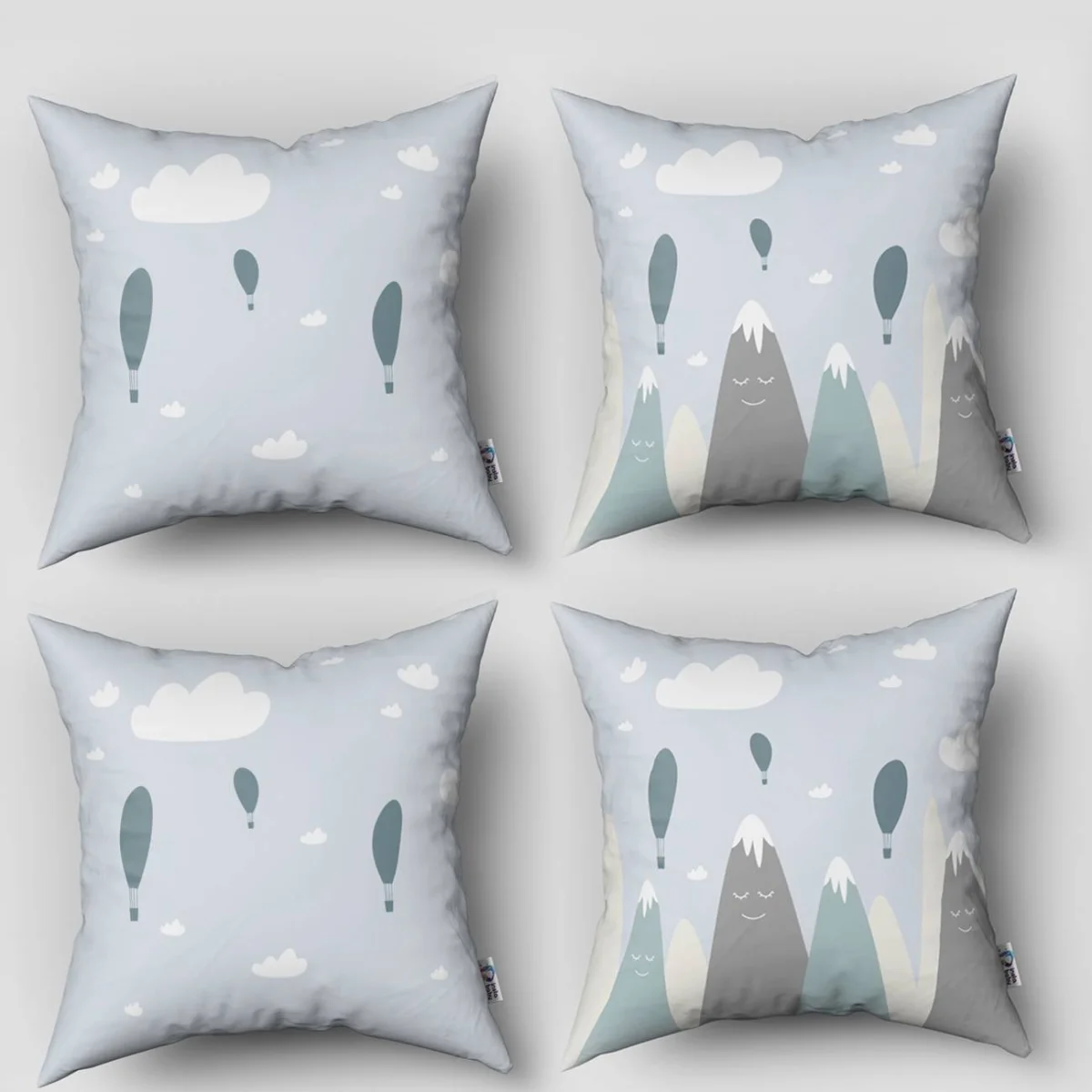 Dağlar, Balonlar 4lü Kırlent | Mavi Bulutlar, Gülen Yüzler Desenli