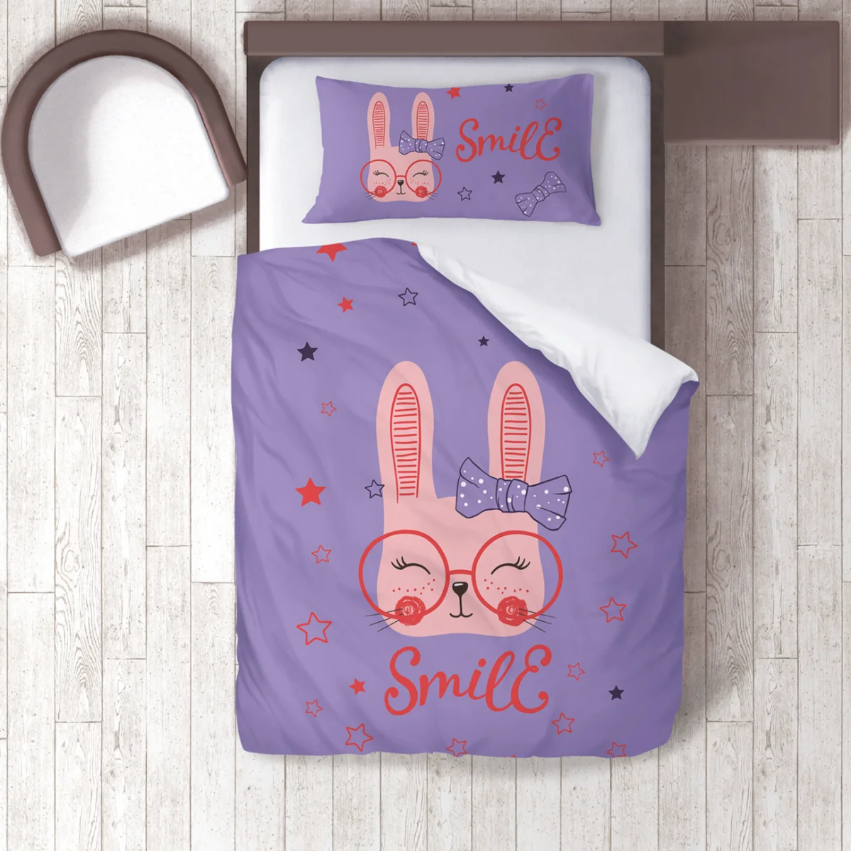 Tavşan Nevresim Takımı | Mor yıldız, Smile yazısı Desenli