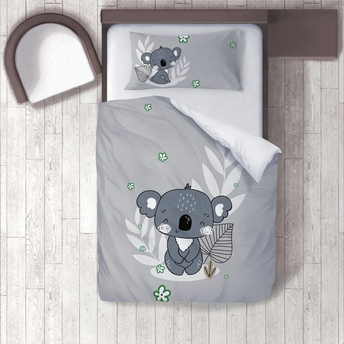 Koala Nevresim Takımı | Gri Yapraklar, küçük yeşil çiçekler Desenli