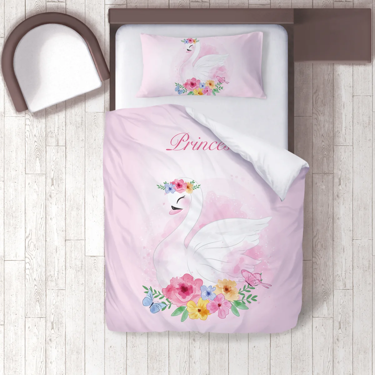 Kuğulu Prenses Nevresim Takımı | Pembe çiçekler, kelebekler Desenli