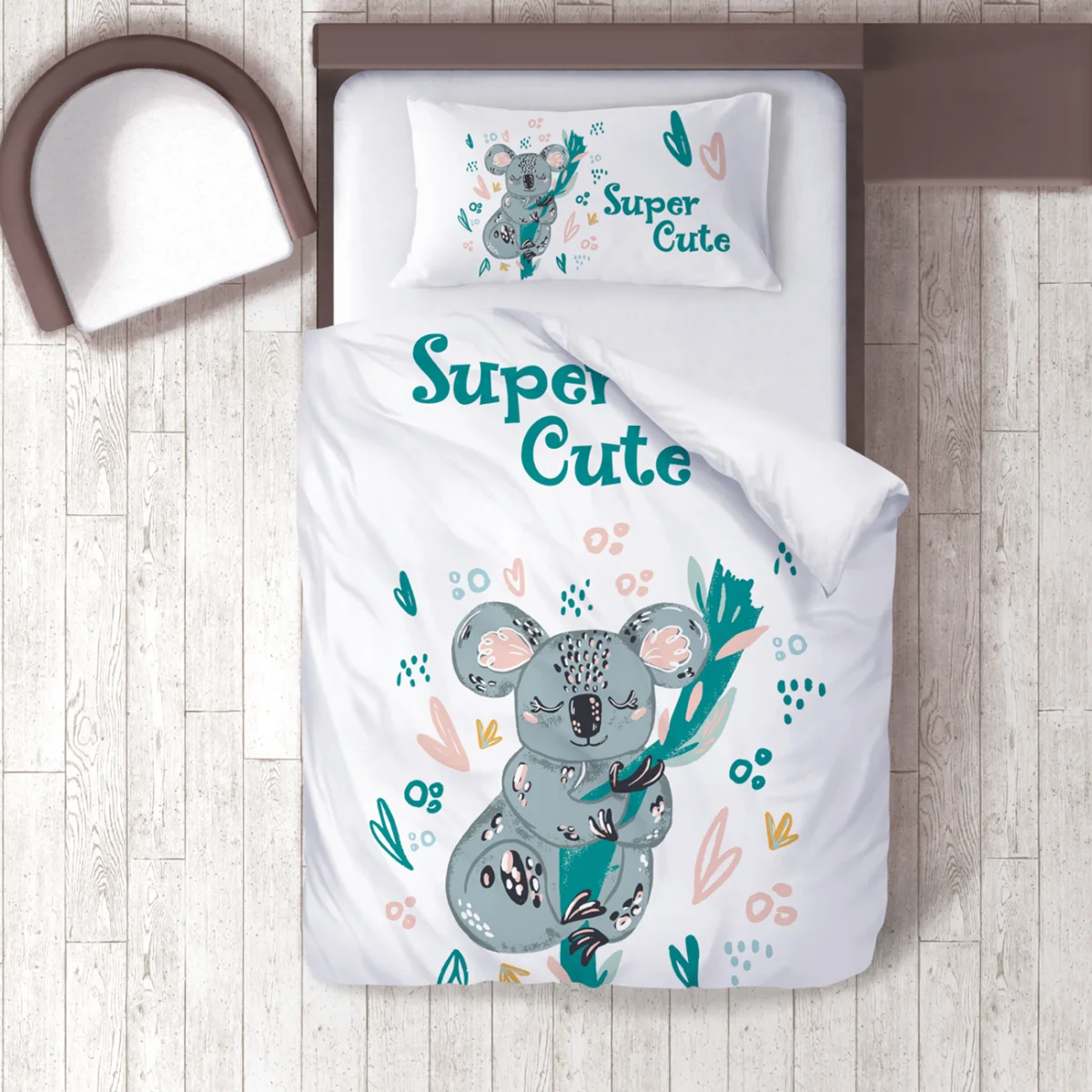 Koala Nevresim Takımı | Beyaz yaprak, kalp Desenli