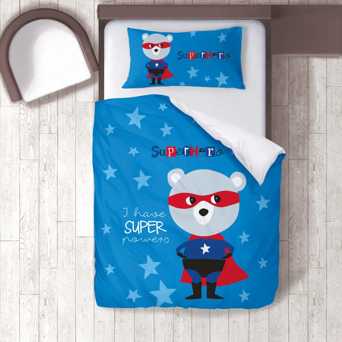 Süper Kahraman Ayı Nevresim Takımı | Mavi yıldızlar, Süper Kahraman yazısı Desenli