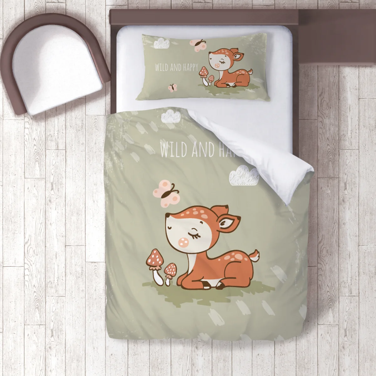 Orman Hayvanları Nevresim Takımı | Yeşil kelebekler, bulutlar Desenli