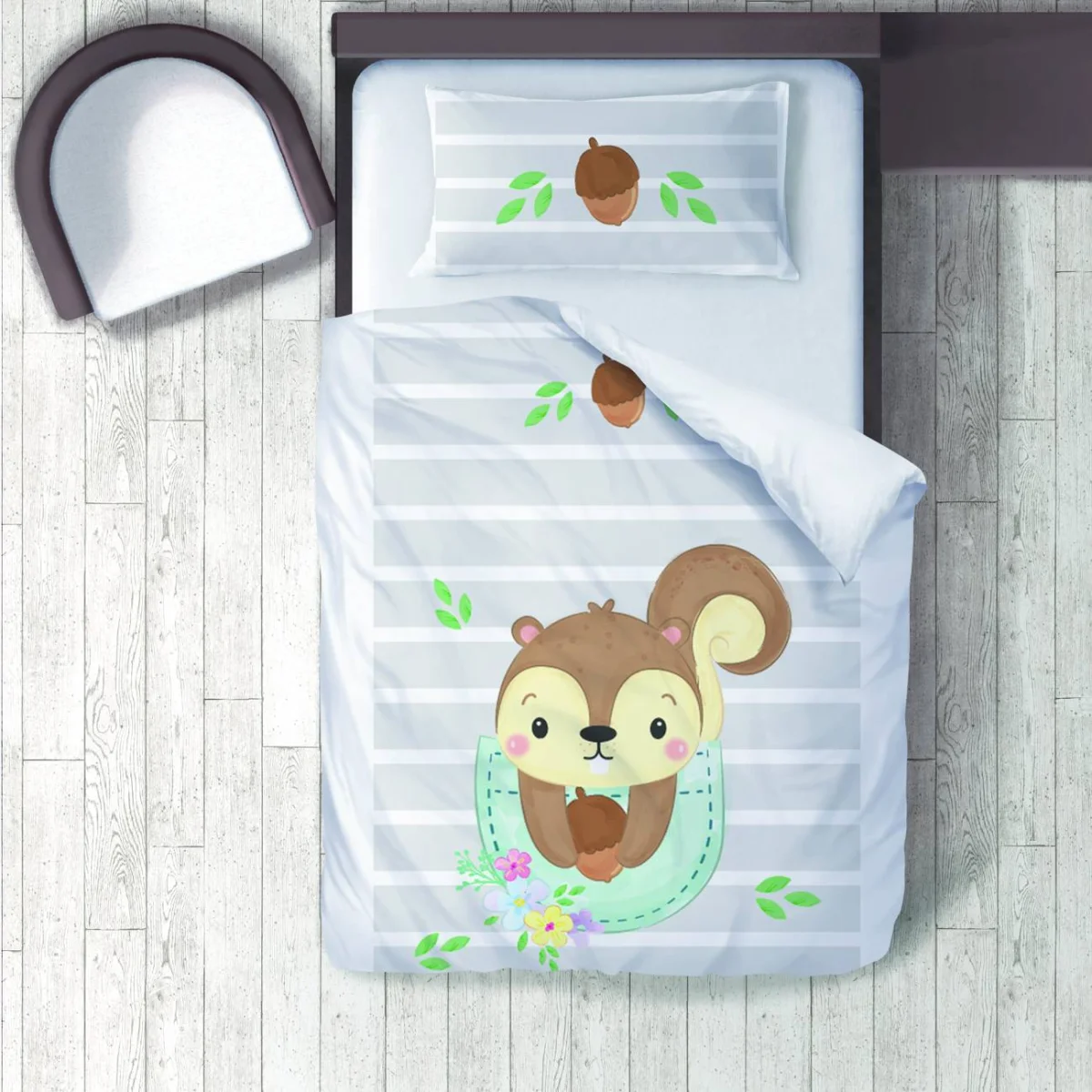 Orman Hayvanları Nevresim Takımı | Mavi yapraklar, çiçekler Desenli