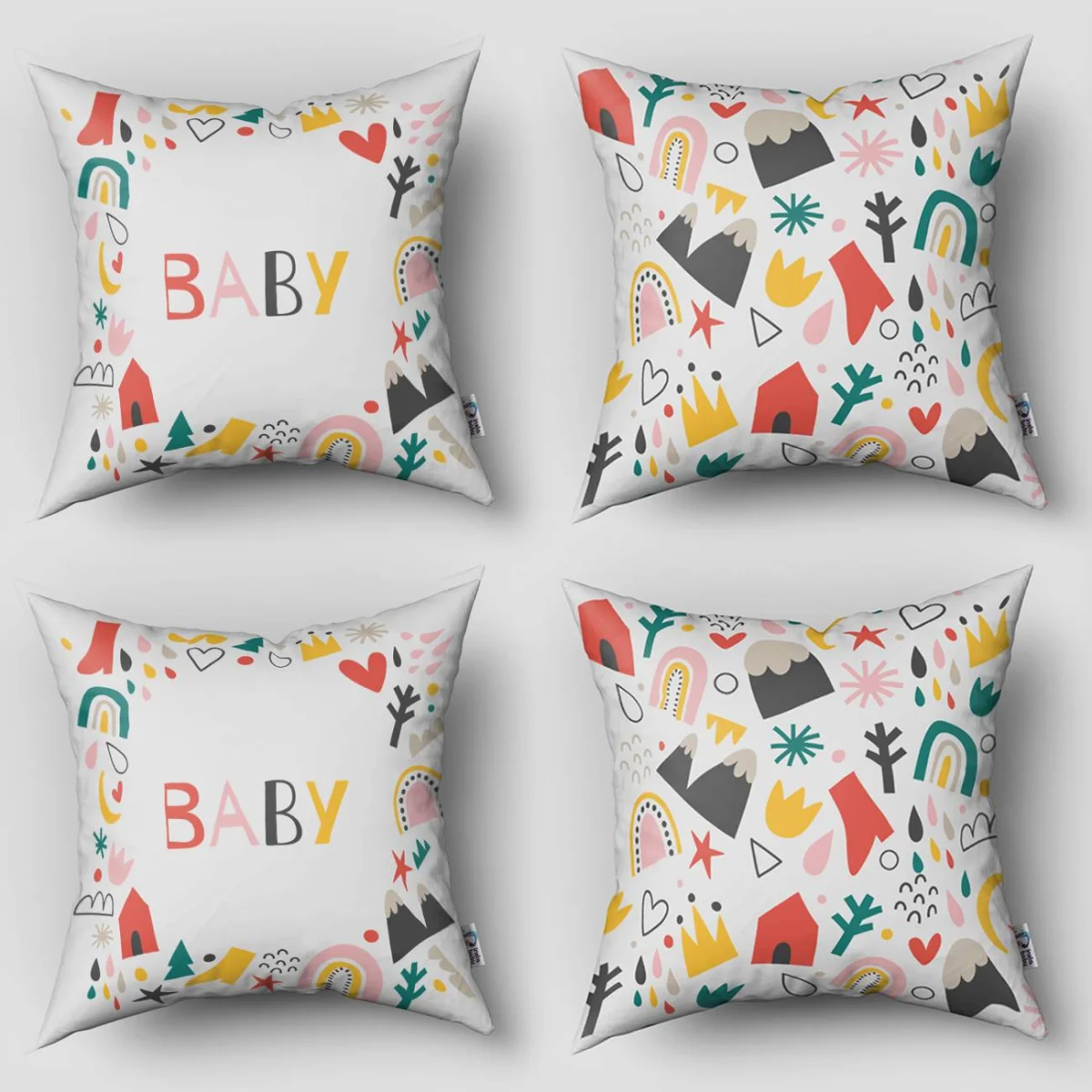 Baby teması 4lü Kırlent | Beyaz gökkuşağı, dağlar Desenli