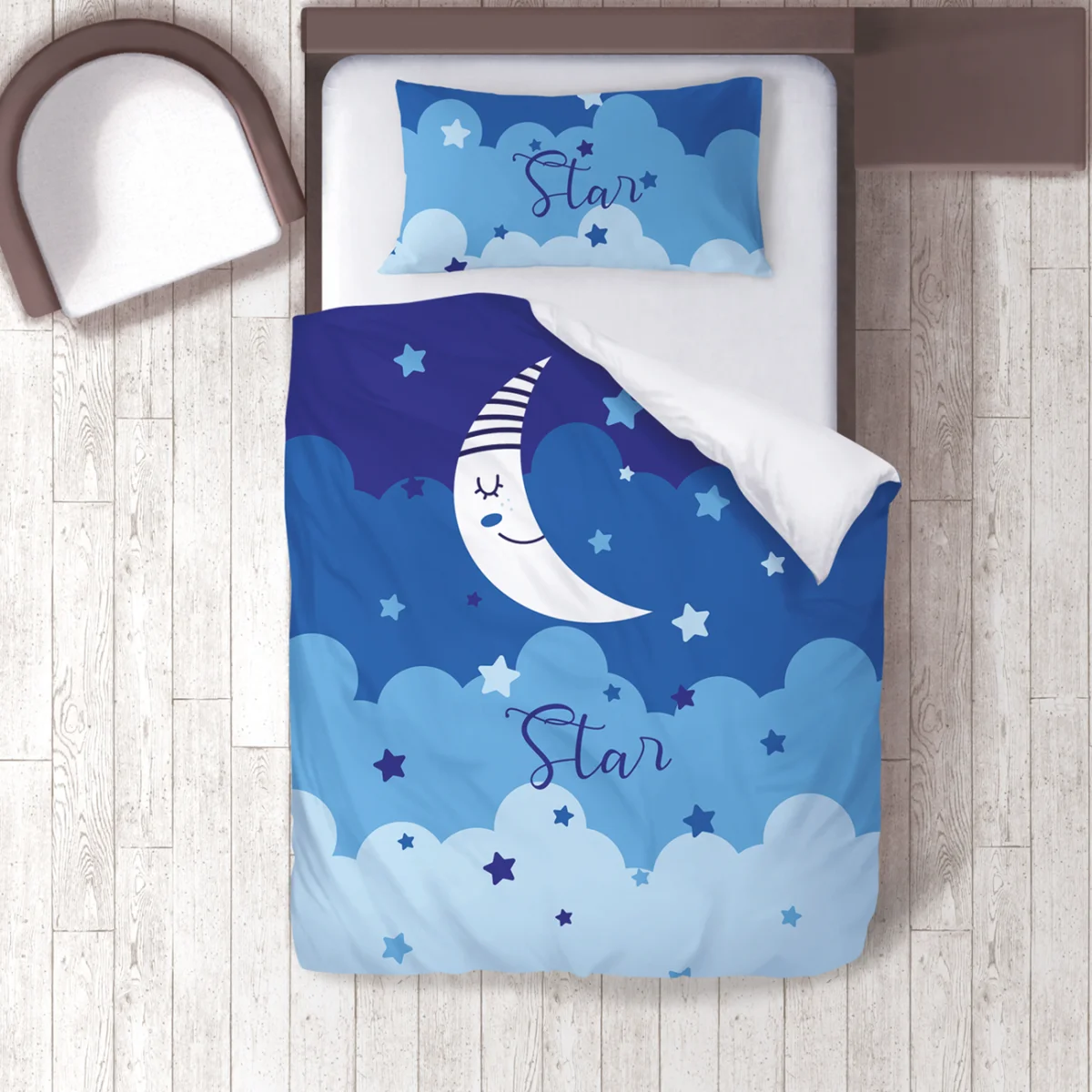 Ay ve Yıldızlar Nevresim Takımı | Mavi Yıldız, bulut Desenli