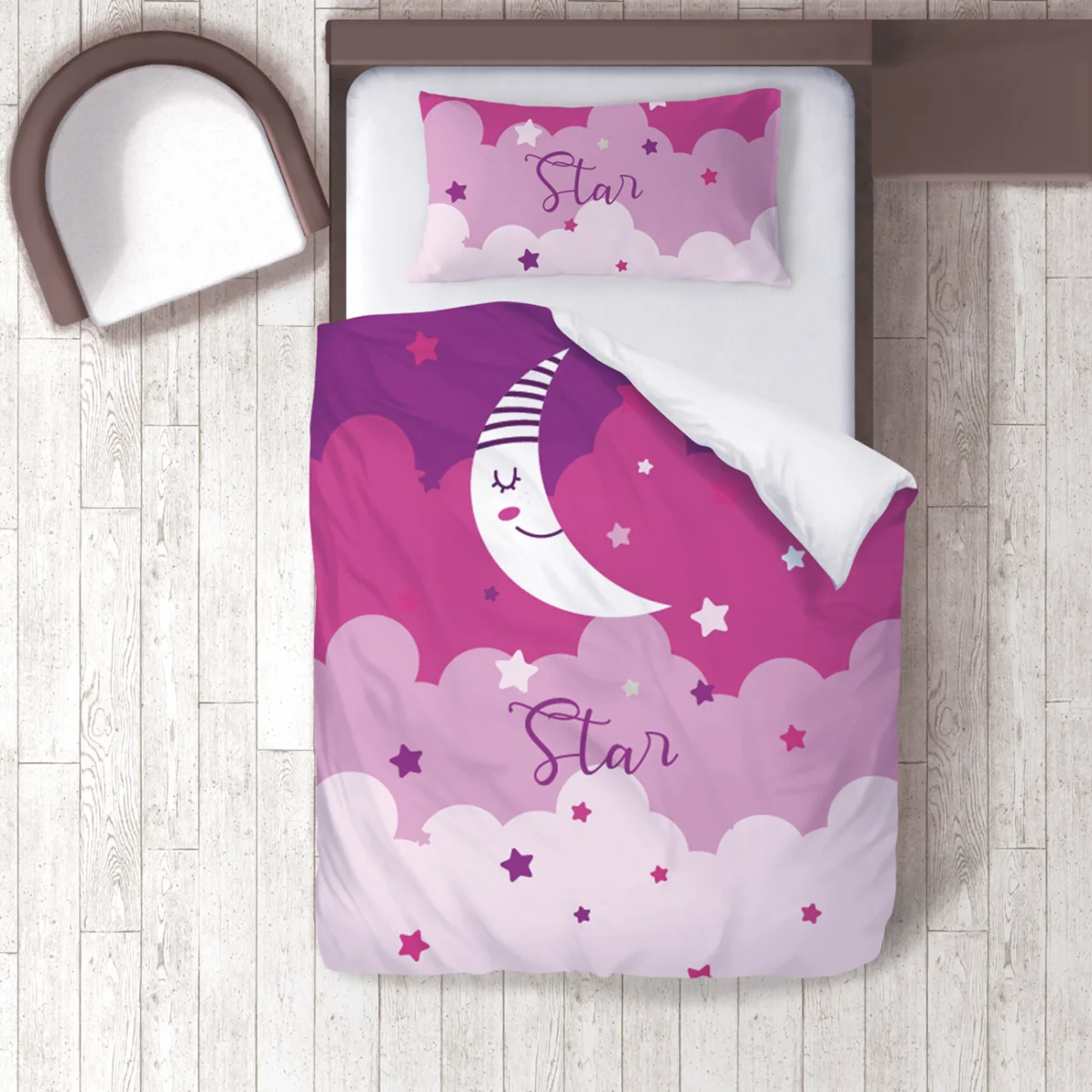 Ay ve Yıldızlar Nevresim Takımı | Pembe uyuyan ay, yıldızlar Desenli