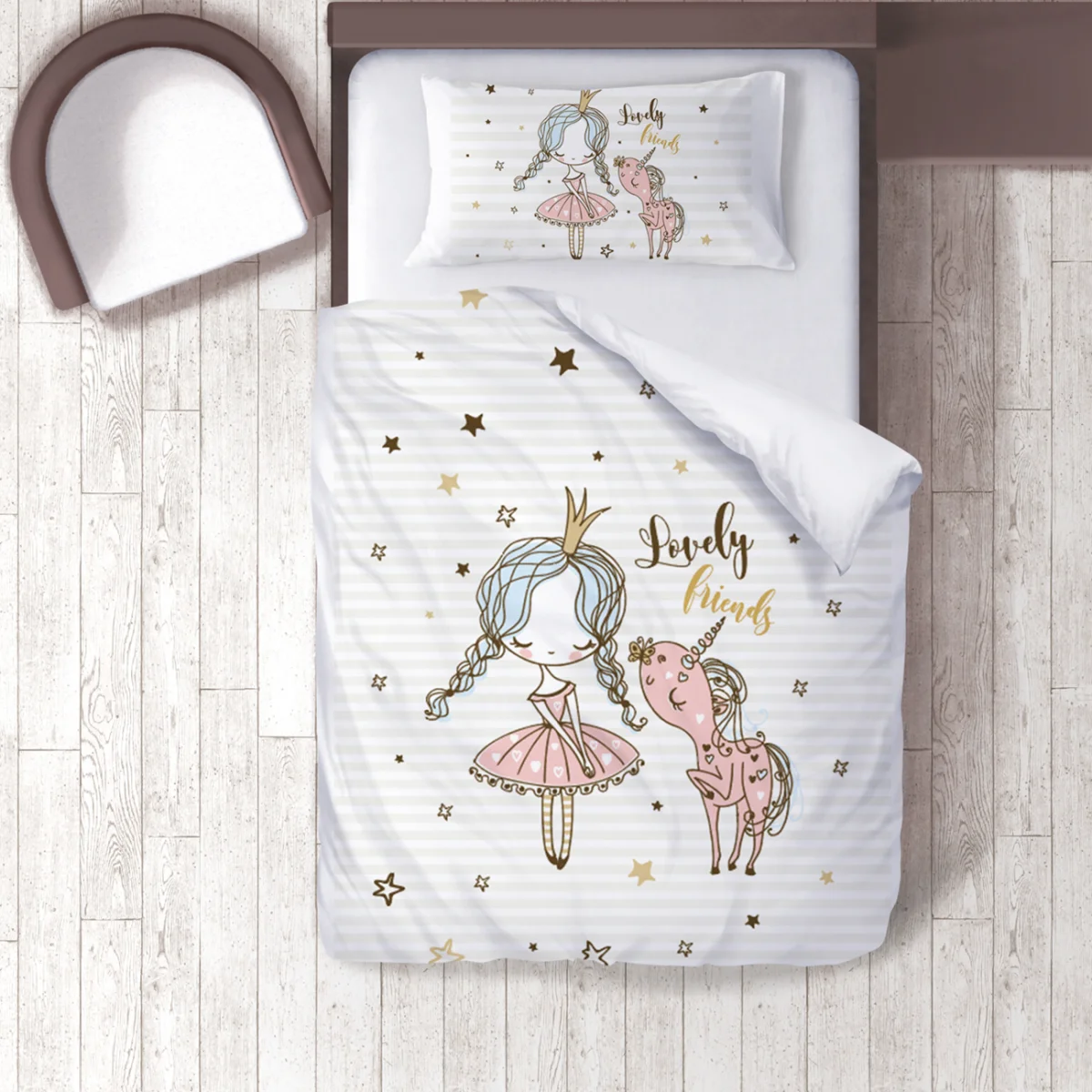 Prenses ve Unicorn Nevresim Takımı | Beyaz yıldız, çizgili zemin Desenli