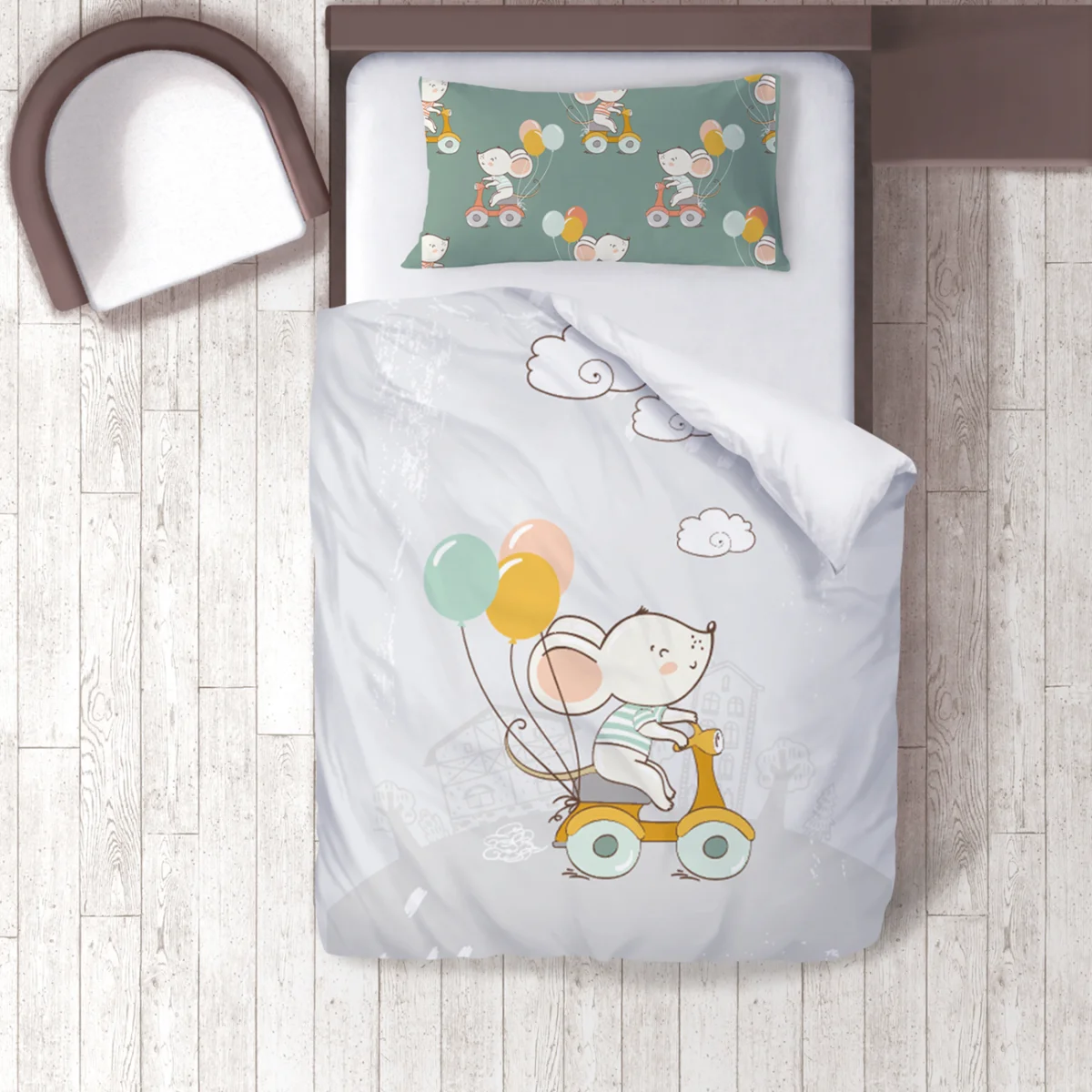 Fare, Scooter, Balonlar Nevresim Takımı | Açık Gri bulut, balonlar Desenli