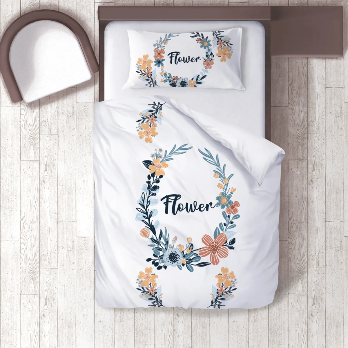 Çiçekler Nevresim Takımı | Beyaz çiçek çelenkleri, yapraklar Desenli