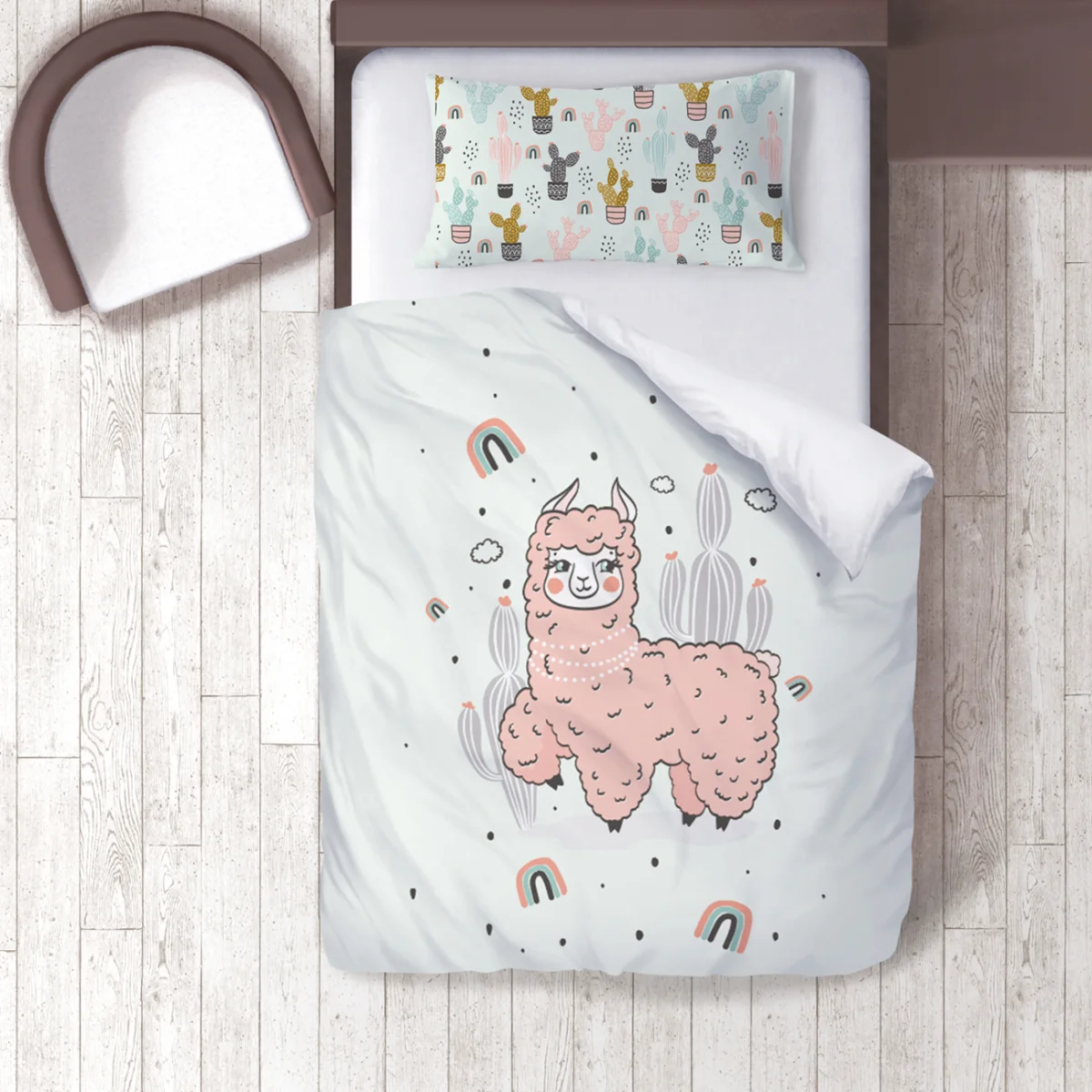 Lama Nevresim Takımı | Açık Mavi Gökkuşağı, bulutlar Desenli