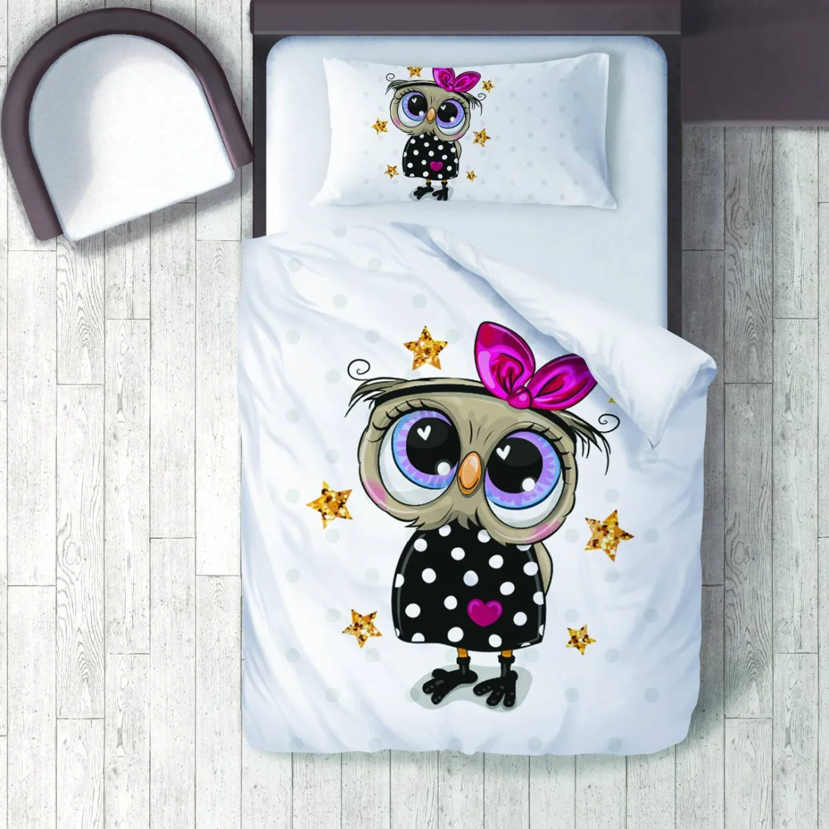 Sevimli Baykuş Nevresim Takımı | Beyaz yıldız, puantiye Desenli