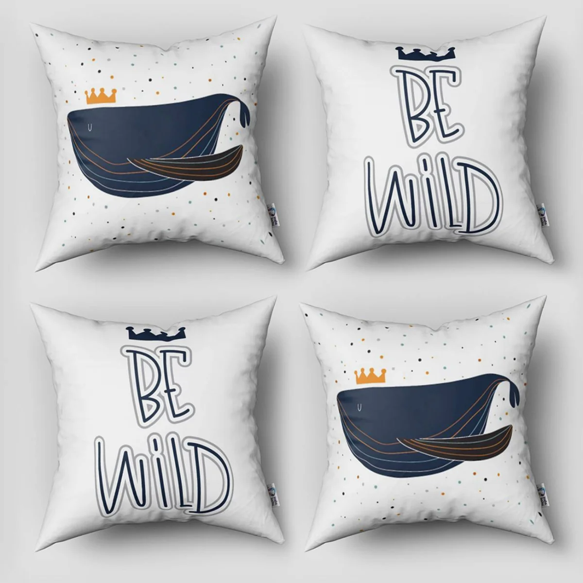 Deniz Hayvanları (Balina, Ahtapot) 4lü Kırlent | Beyaz Taç, minik noktalar Desenli