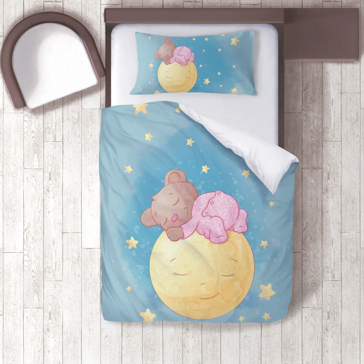 Ayı ve Ay Nevresim Takımı | Mavi yıldızlar, uyuyan ayılar Desenli