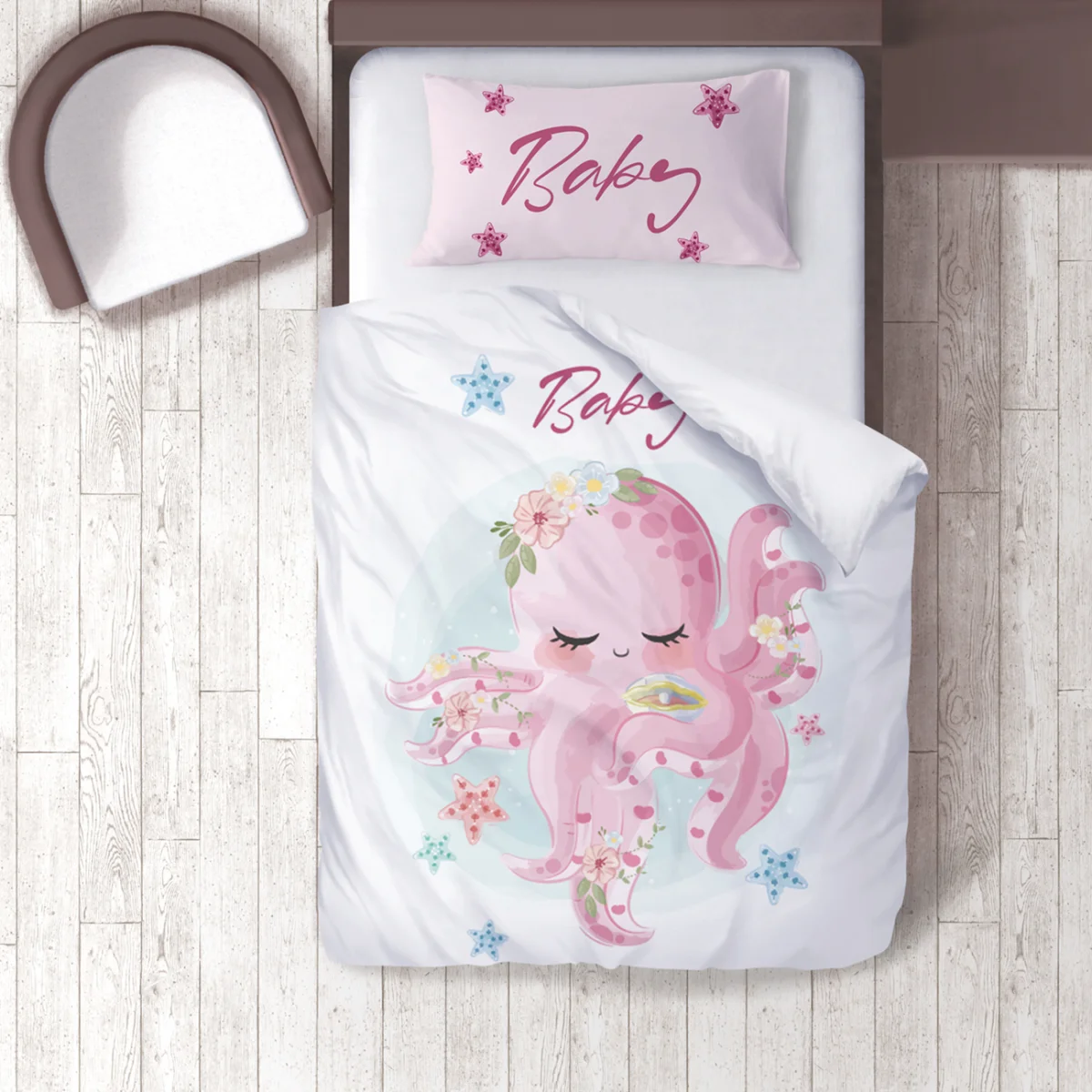 Ahtapot Nevresim Takımı | Beyaz yıldız, çiçek Desenli