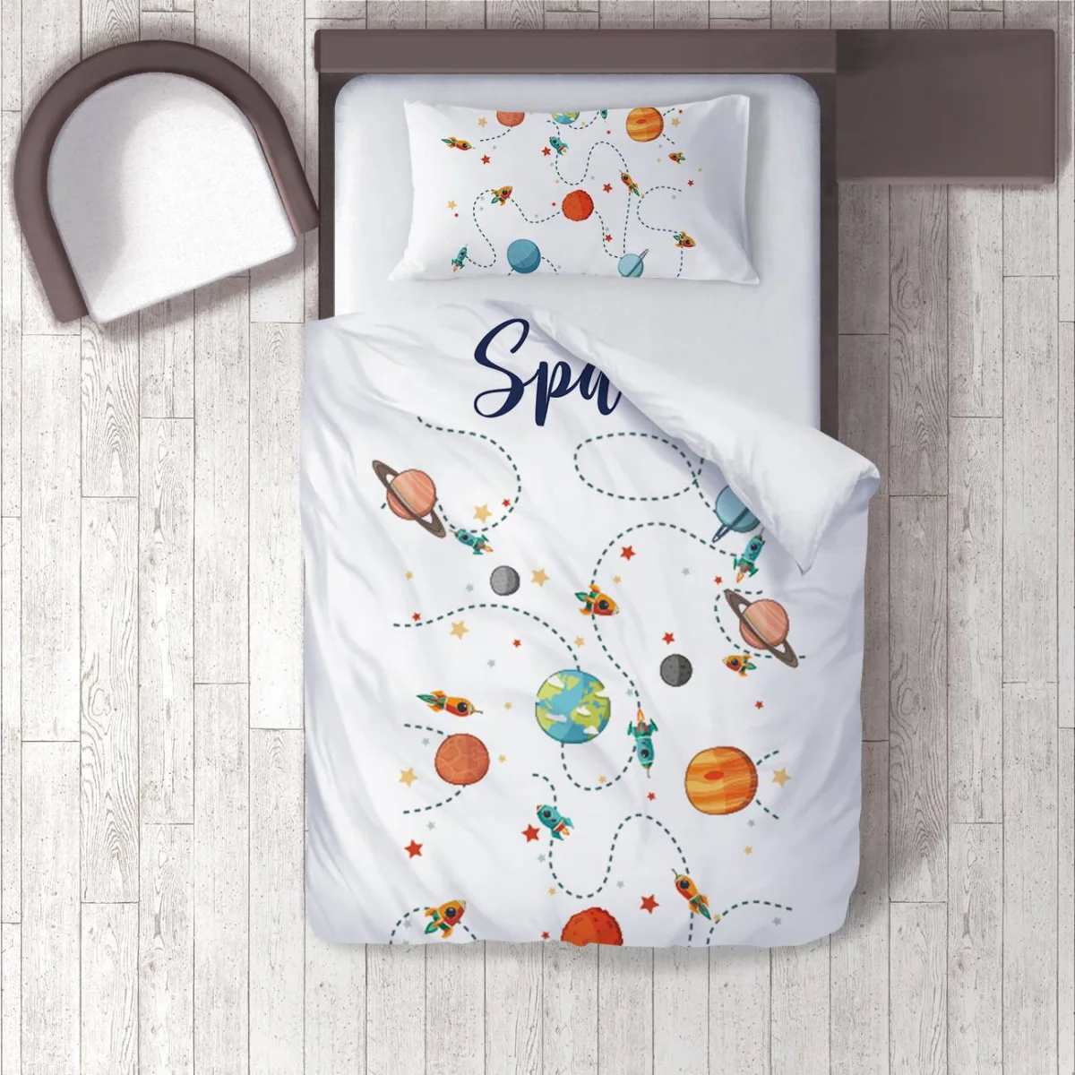 Uzay Nevresim Takımı | Beyaz roketler, gezegenler Desenli
