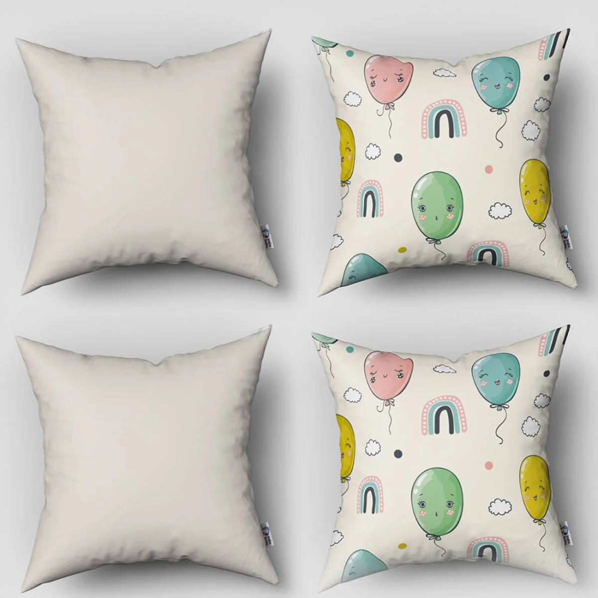 Sevimli Balonlar 4lü Kırlent | Ekru gökkuşağı, bulutlar Desenli