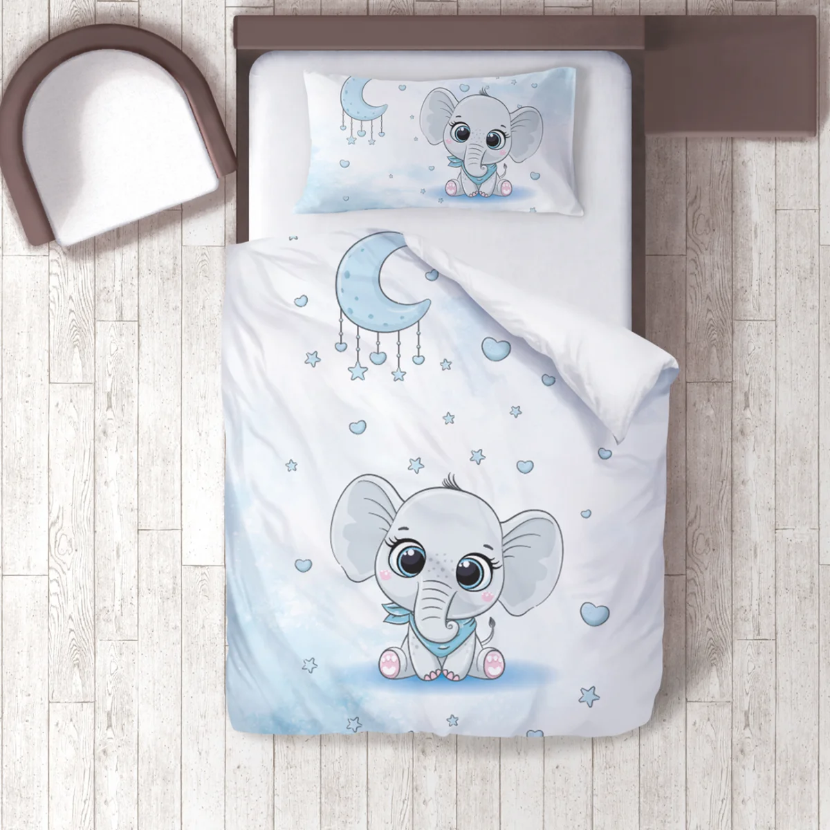 Fil, Ay ve Yıldızlar Nevresim Takımı | Beyaz yıldız, ay Desenli